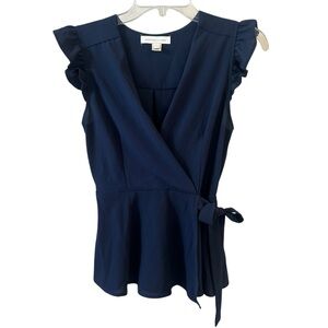 Elegant Navy Ruffle Sleeve Peplum Wrap Blouse Top Shirt Short Sleeve Smallo